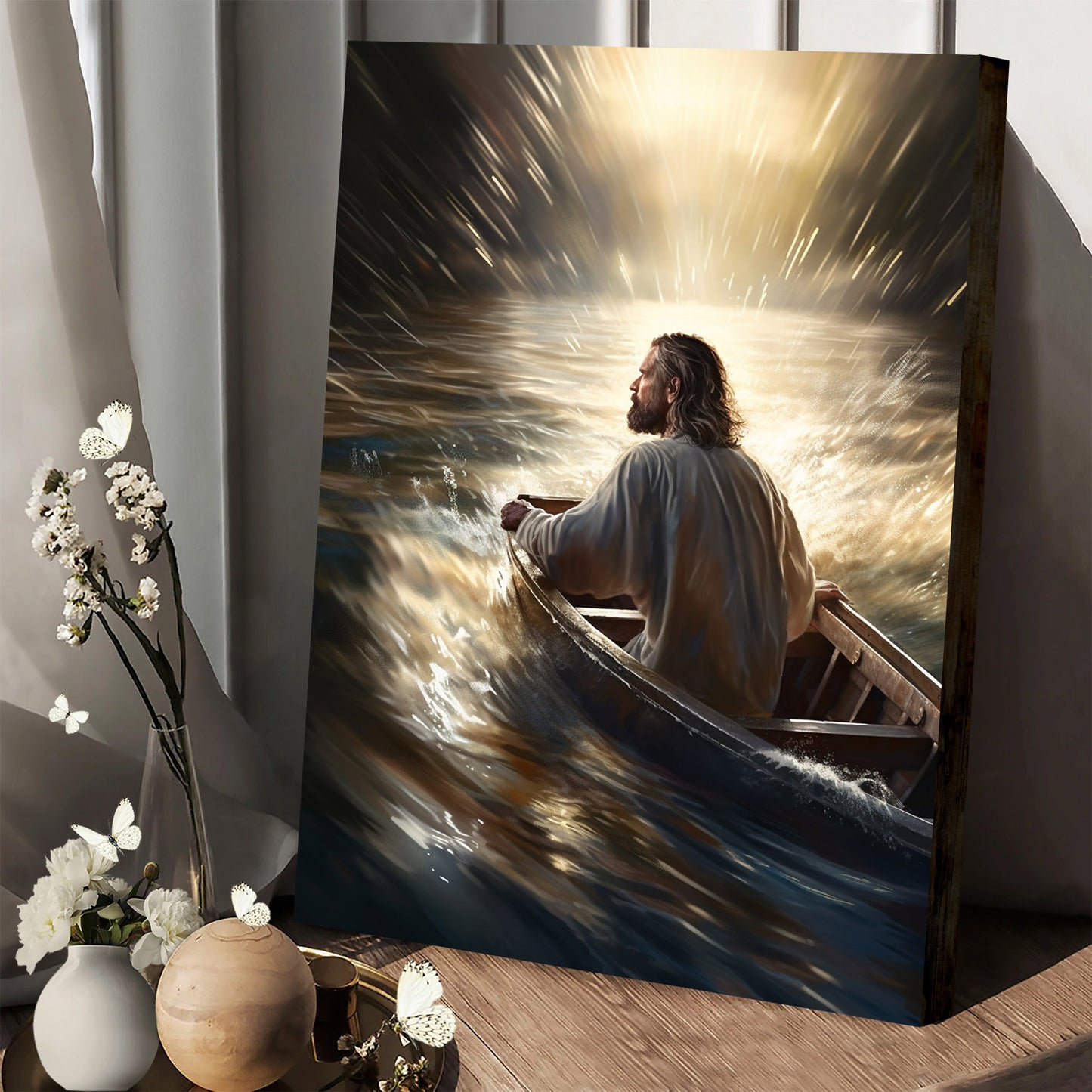 Jesus In A Boat On A Calm Lake - Canvas Picture - Jesus Christ Canvas - Christian Wall Art