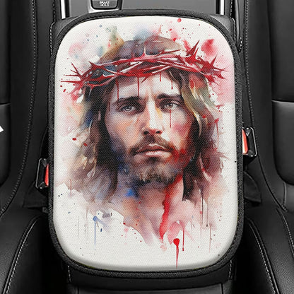 Jesus In Crown Of Thorns Watercolor Seat Box Cover, Jesus Car Center Console Cover, Christian Car Interior Accessories