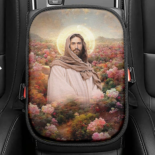 Jesus In Flowers Seat Box Cover, Jesus Car Center Console Cover, Jesus Car Interior Accessories