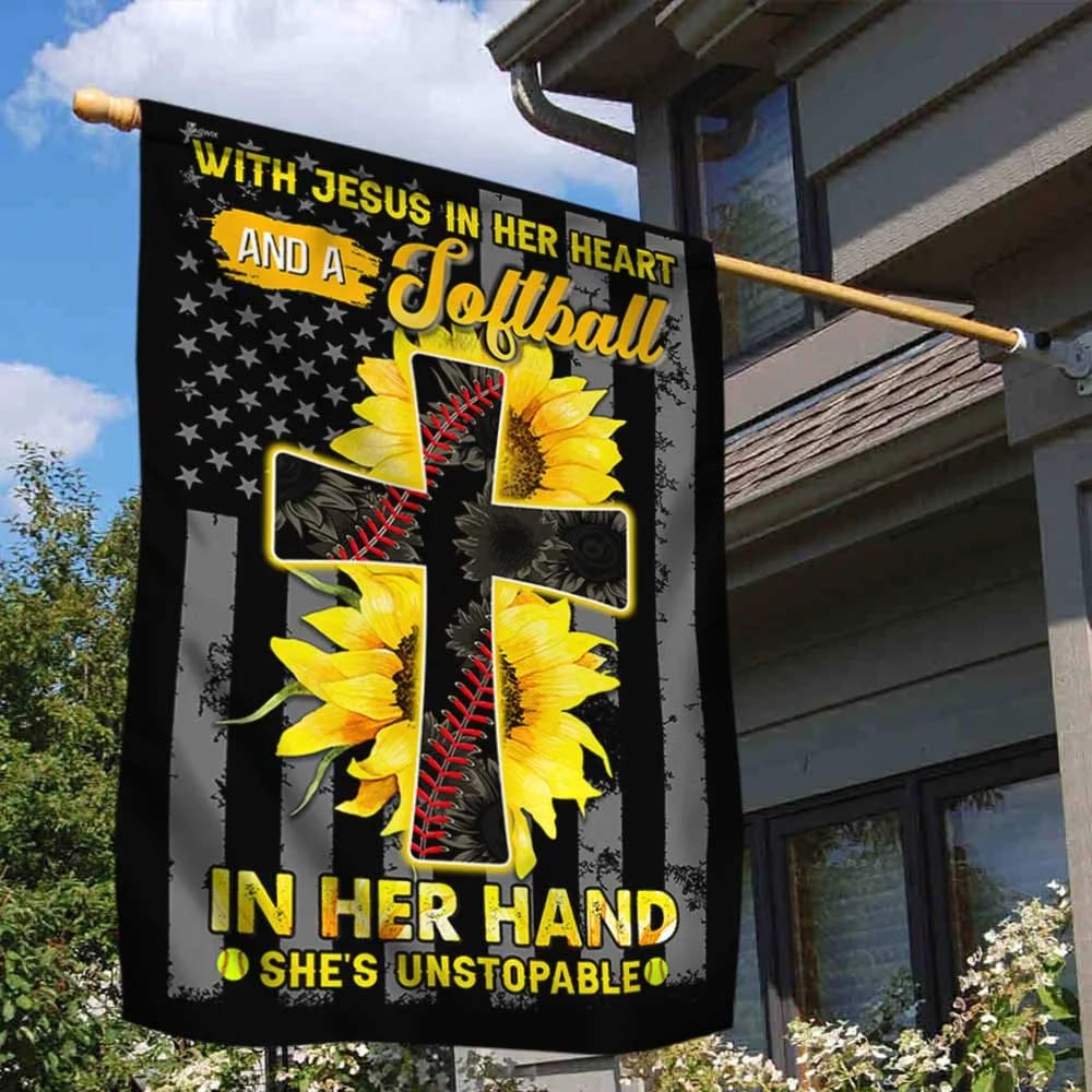 Jesus In Her Heart Softball In Her Hand Sunflower Christian Cross House Flag - Christian Garden Flags - Christian Flag - Religious Flags