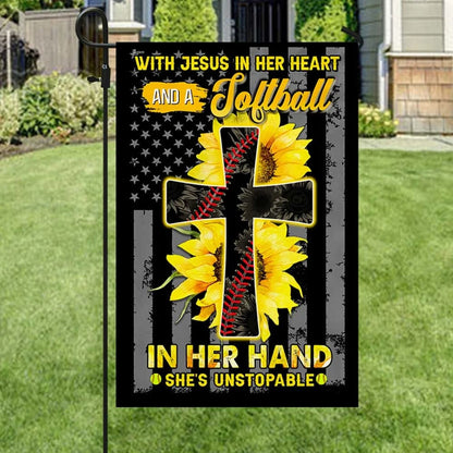 Jesus In Her Heart Softball In Her Hand Sunflower Christian Cross House Flag - Christian Garden Flags - Christian Flag - Religious Flags