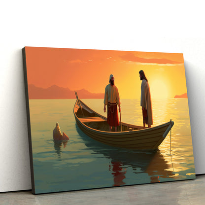 Jesus Is Coming Up To A Boat Where There Is Another Guy Beside Him - Canvas Pictures - Jesus Christ Canvas - Christian Wall Art