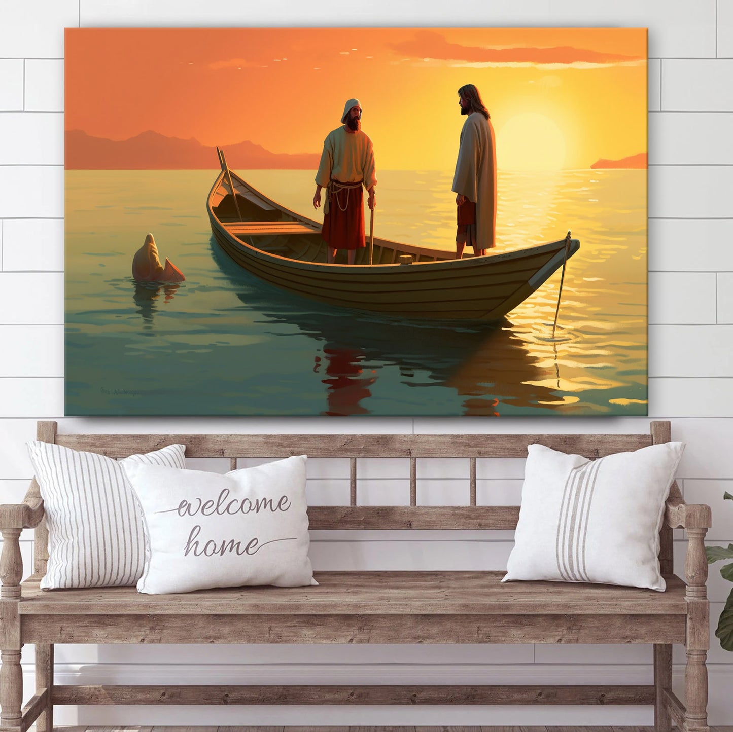 Jesus Is Coming Up To A Boat Where There Is Another Guy Beside Him - Canvas Pictures - Jesus Christ Canvas - Christian Wall Art