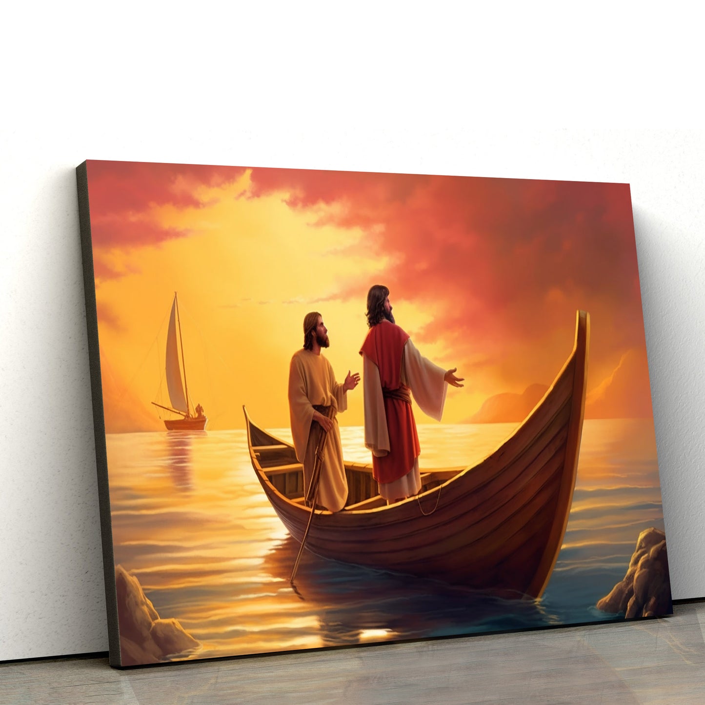 Jesus Is Coming Up To A Boat Where There Is Another Guy Beside Him 2 - Canvas Pictures - Jesus Christ Canvas - Christian Wall Art