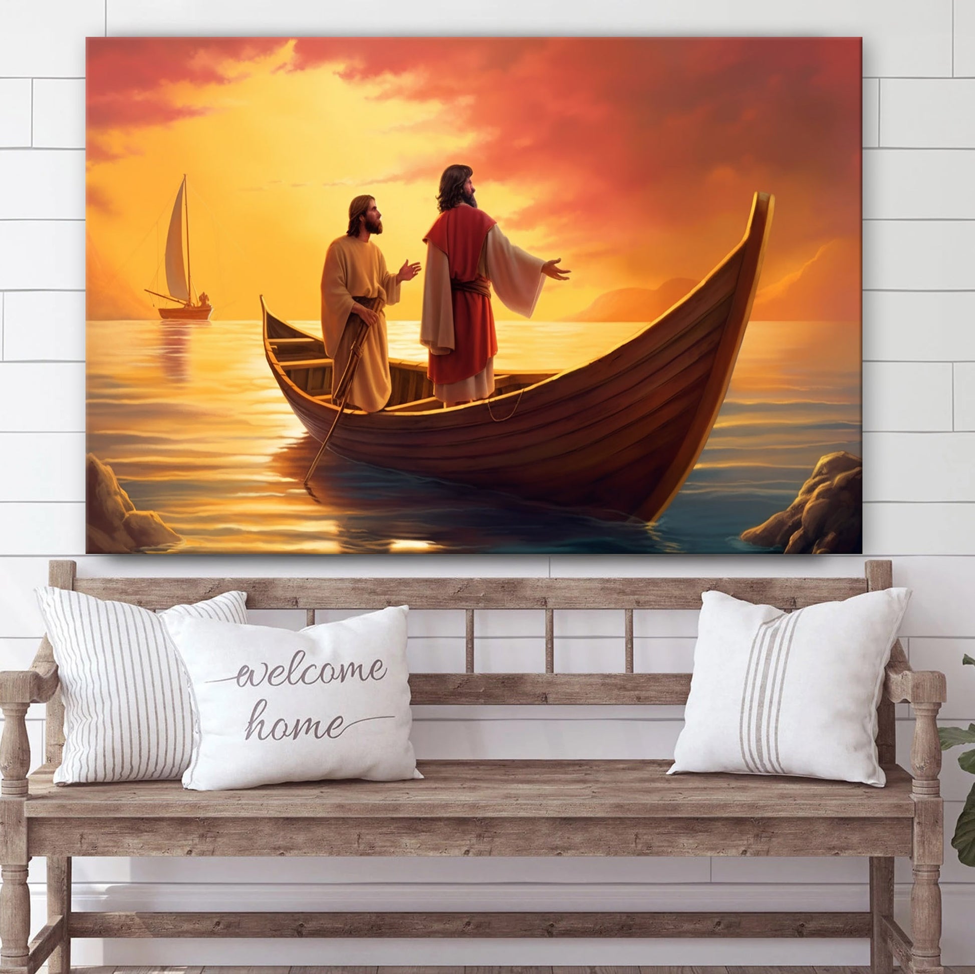 Jesus Is Coming Up To A Boat Where There Is Another Guy Beside Him 2 - Canvas Pictures - Jesus Christ Canvas - Christian Wall Art