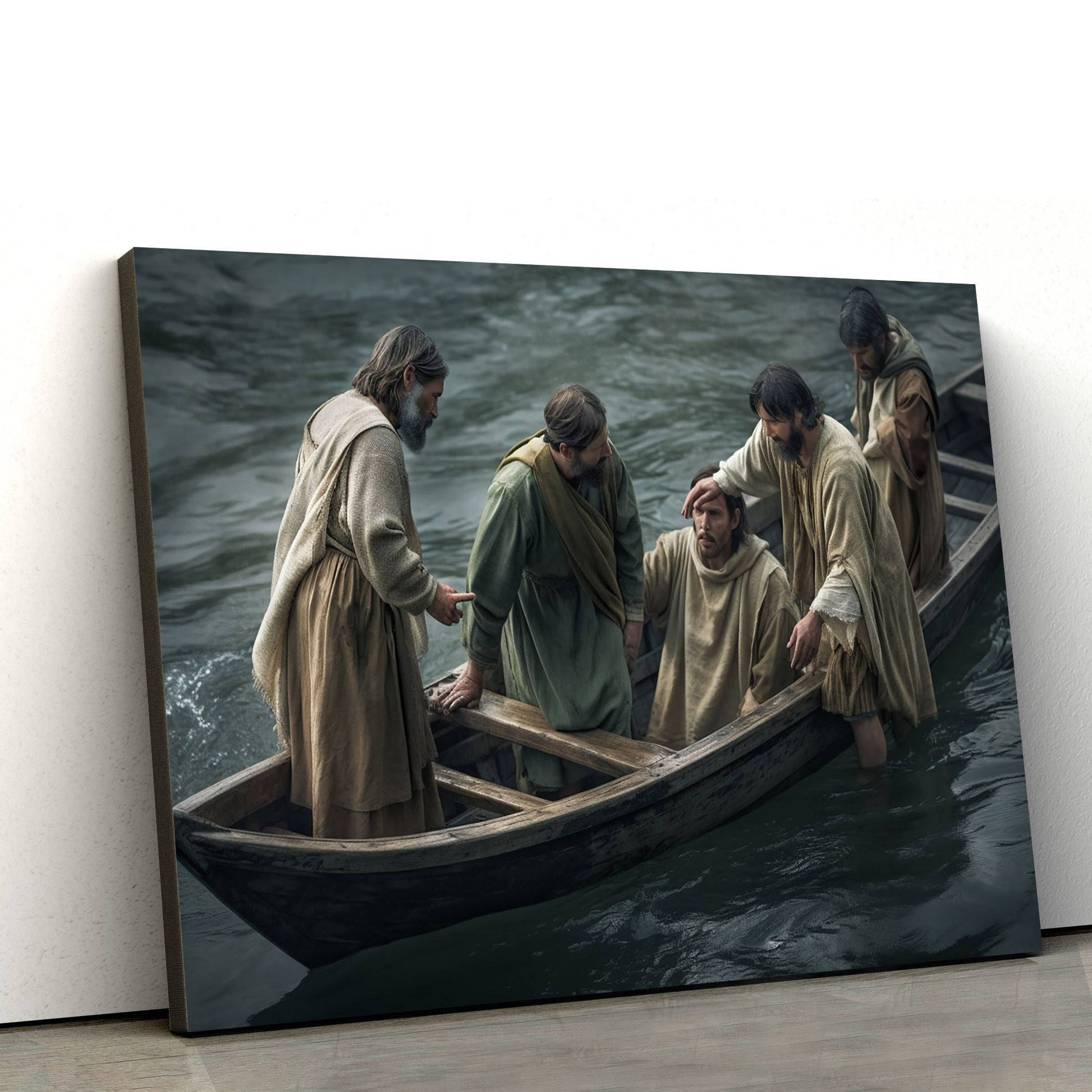 Jesus Is Helping Other Men Get Into A Boat In The Ocean - Canvas Picture - Jesus Christ Canvas - Christian Wall Art