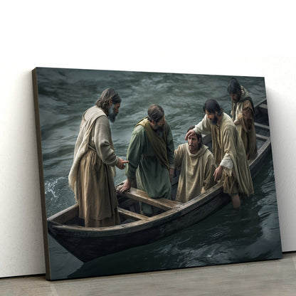 Jesus Is Helping Other Men Get Into A Boat In The Ocean - Canvas Picture - Jesus Christ Canvas - Christian Wall Art