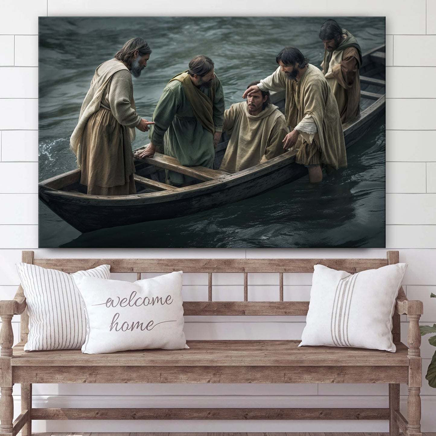 Jesus Is Helping Other Men Get Into A Boat In The Ocean - Canvas Picture - Jesus Christ Canvas - Christian Wall Art
