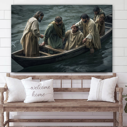 Jesus Is Helping Other Men Get Into A Boat In The Ocean - Canvas Picture - Jesus Christ Canvas - Christian Wall Art