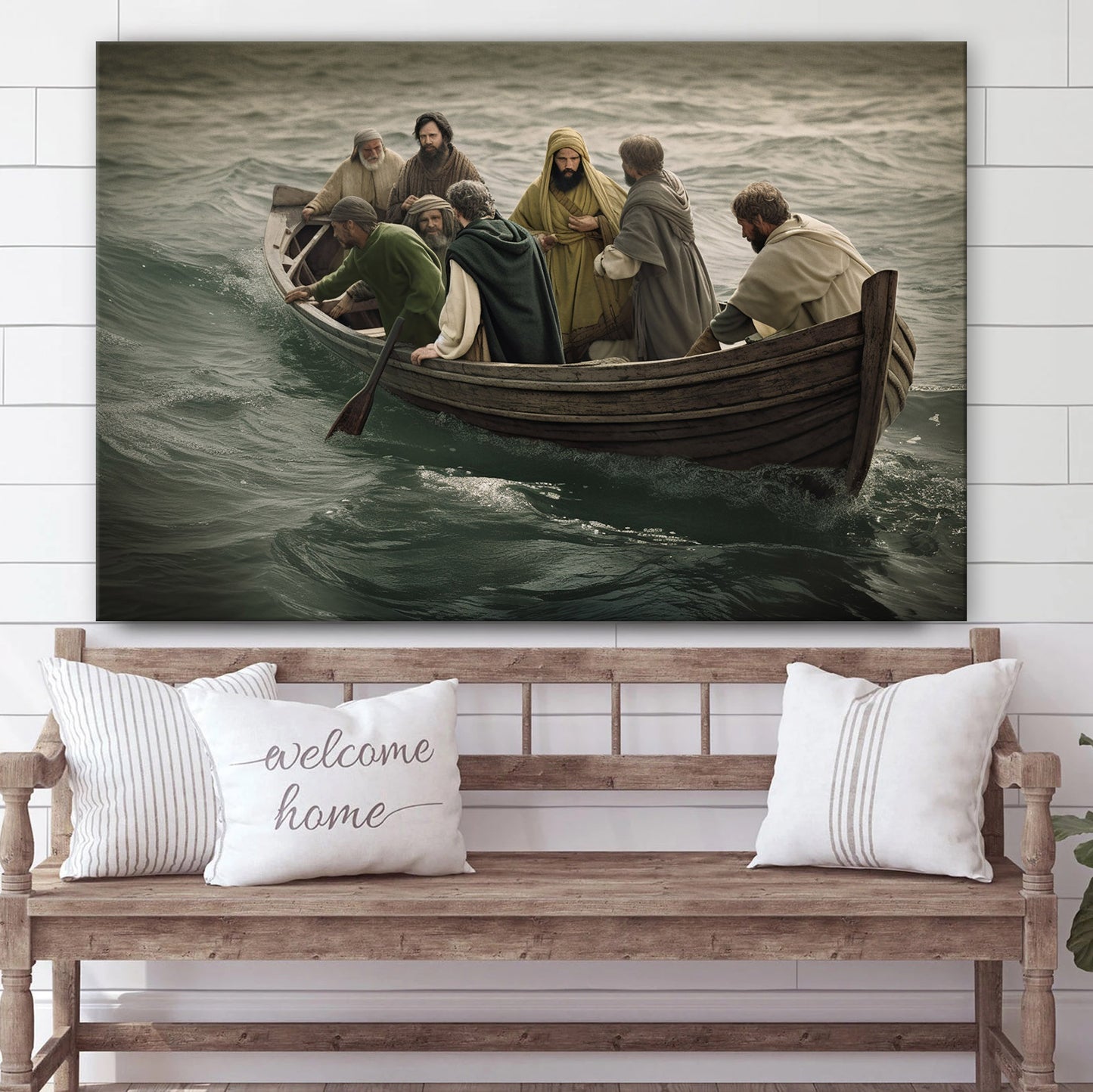 Jesus Is Helping Other Men Get Into A Boat In The Ocean 1 - Canvas Picture - Jesus Christ Canvas - Christian Wall Art