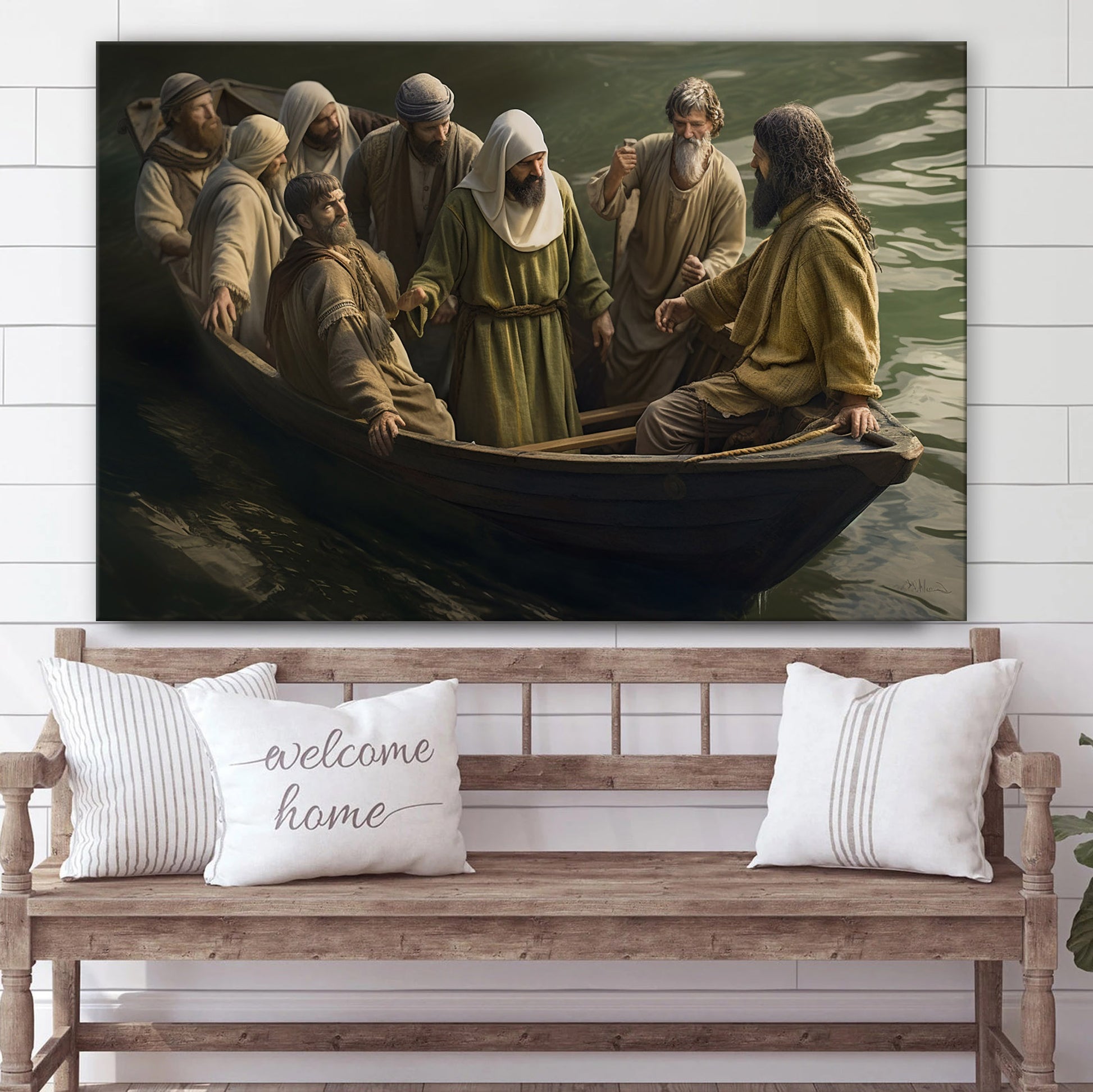 Jesus Is Helping Other Men Get Into A Boat In The Ocean 2 - Canvas Picture - Jesus Christ Canvas - Christian Wall Art