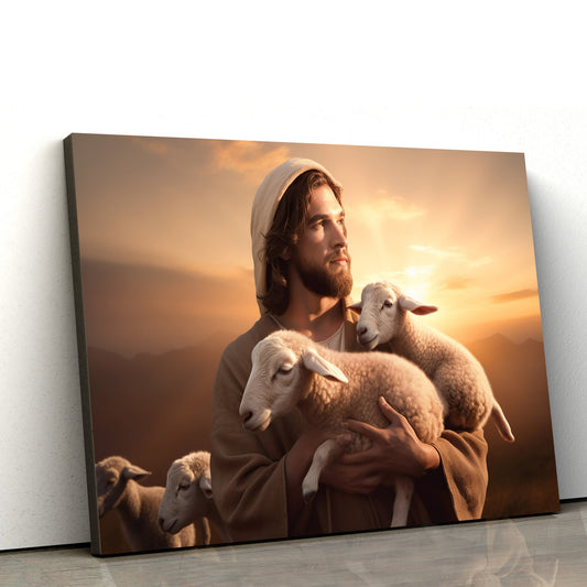 Jesus Is Holding A Sheaf Of Sheep While The Sun Is Setting - Canvas Picture - Jesus Christ Canvas - Christian Wall Art