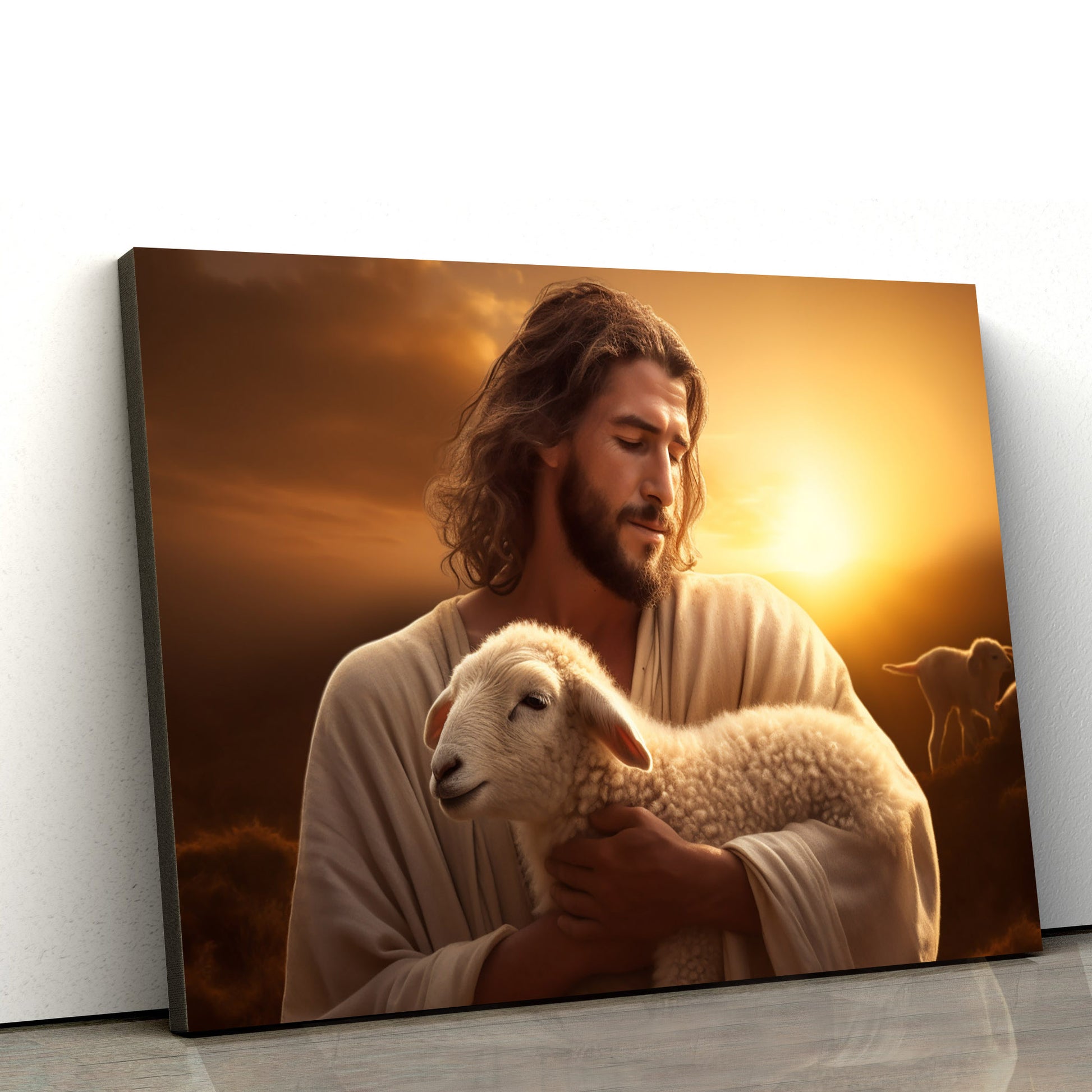 Jesus Is Holding A Sheep While The Sun Is Setting - Canvas Picture - Jesus Christ Canvas - Christian Wall Art
