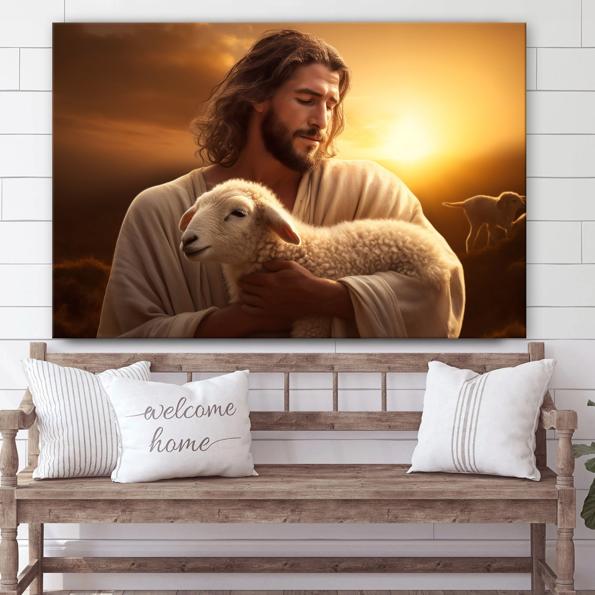 Jesus Is Holding A Sheep While The Sun Is Setting - Canvas Picture - Jesus Christ Canvas - Christian Wall Art