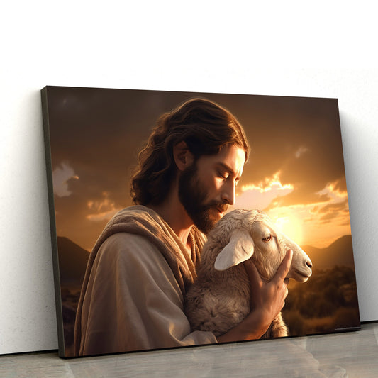 Jesus Is Holding A Sheep While The Sun Is Setting 1 - Canvas Picture - Jesus Christ Canvas - Christian Wall Art