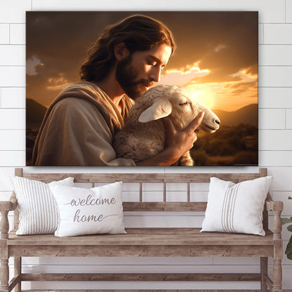 Jesus Is Holding A Sheep While The Sun Is Setting 1 - Canvas Picture - Jesus Christ Canvas - Christian Wall Art
