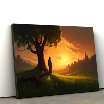 Jesus Is Holding A Tree At Sunset - Canvas Picture - Jesus Christ Canvas - Christian Wall Art