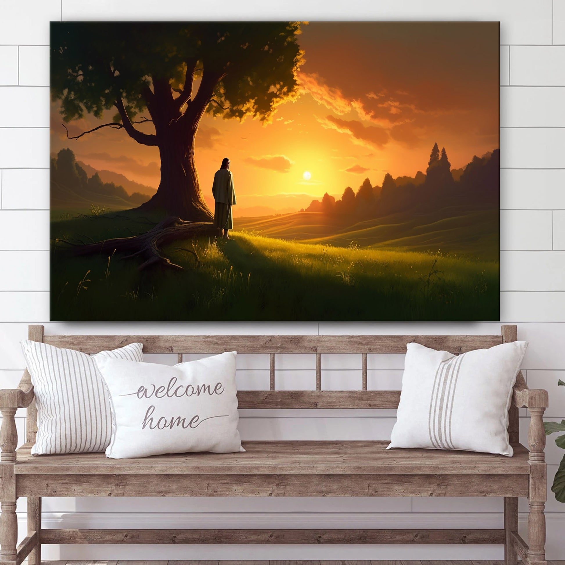 Jesus Is Holding A Tree At Sunset - Canvas Picture - Jesus Christ Canvas - Christian Wall Art