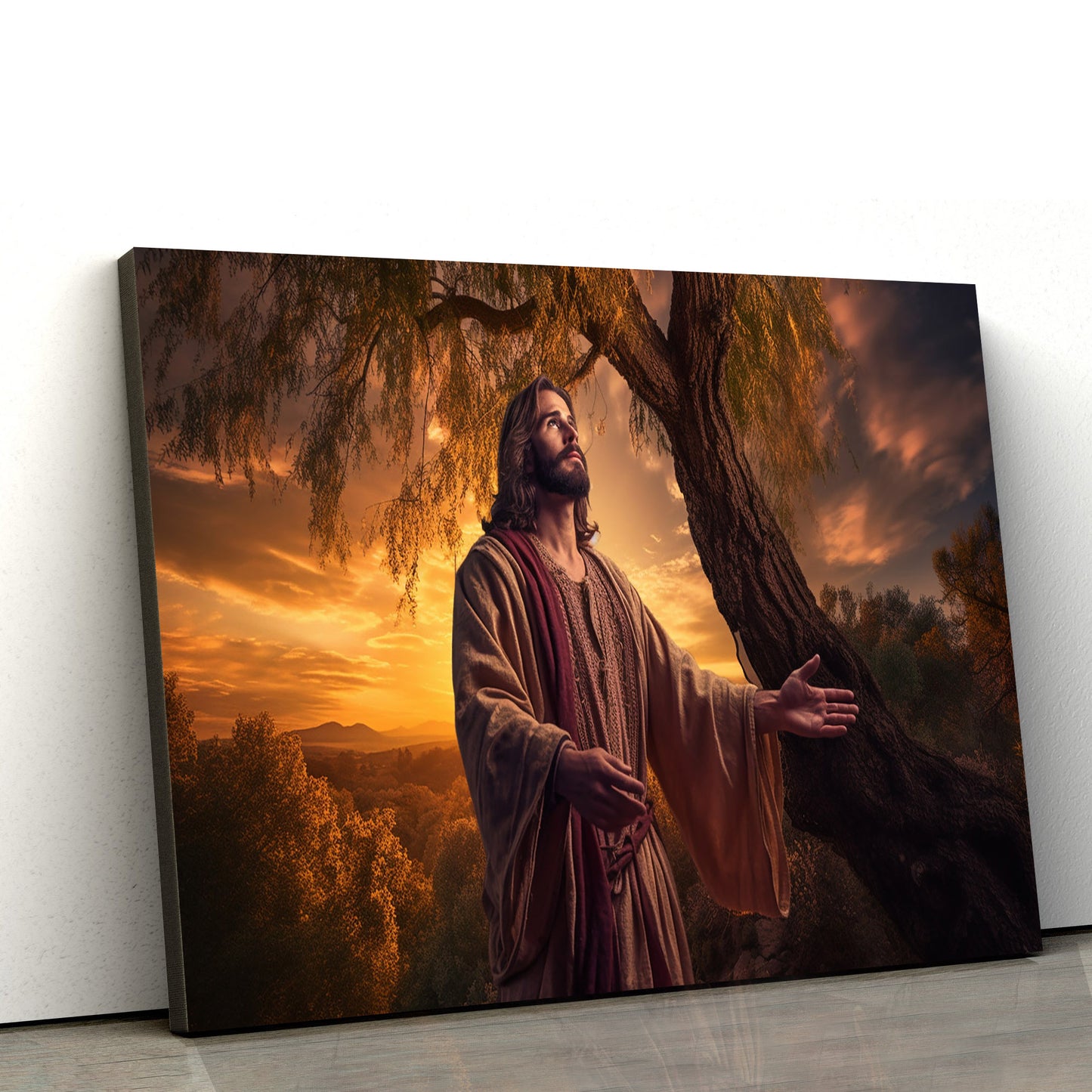 Jesus Is Holding A Tree At Sunset 1 - Canvas Picture - Jesus Christ Canvas - Christian Wall Art
