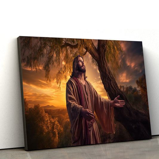 Jesus Is Holding A Tree At Sunset 1 - Canvas Picture - Jesus Christ Canvas - Christian Wall Art