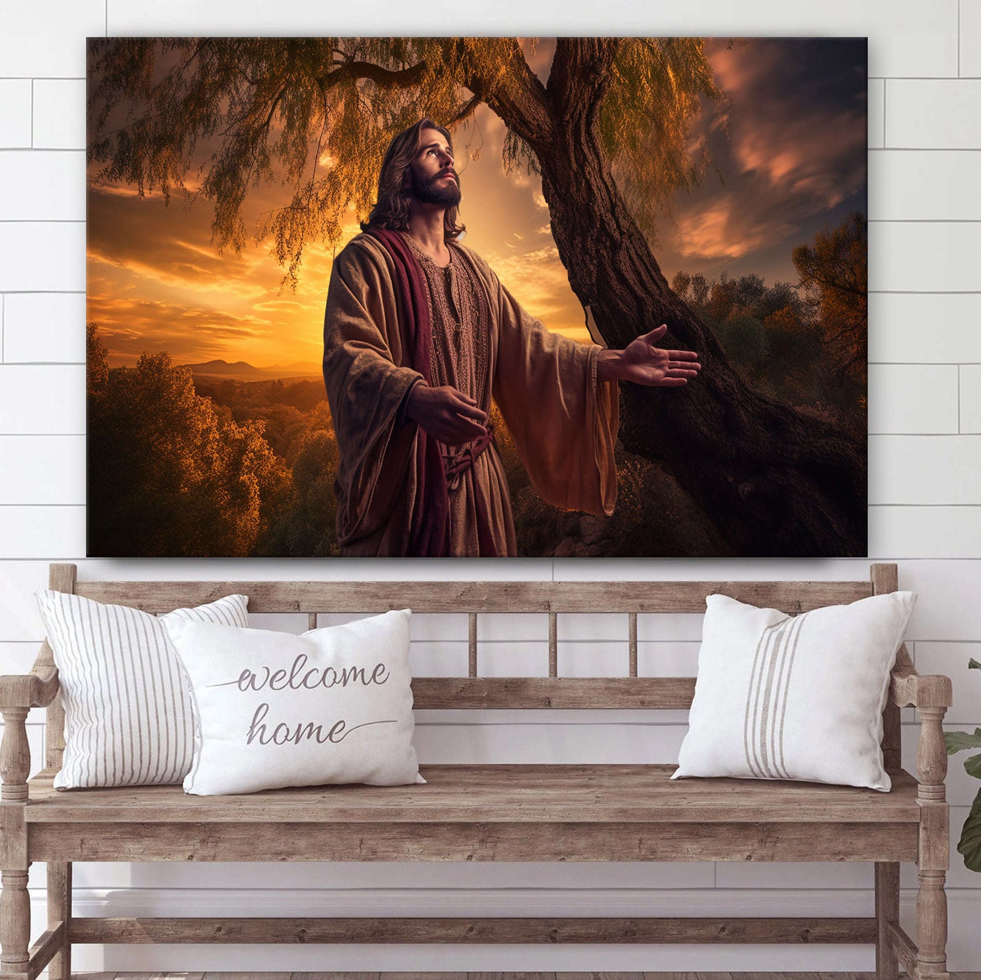 Jesus Is Holding A Tree At Sunset 1 - Canvas Picture - Jesus Christ Canvas - Christian Wall Art