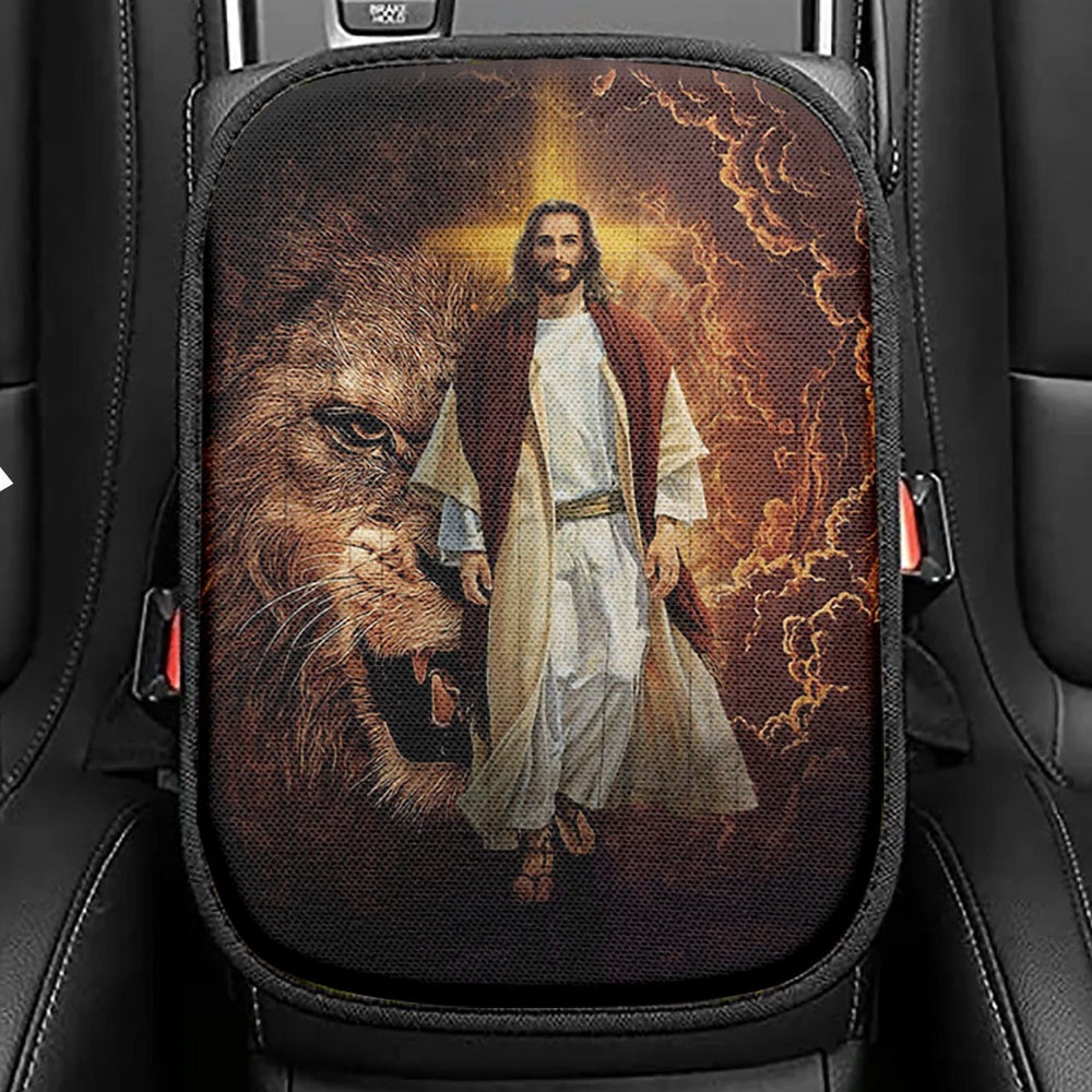Jesus Is King Lion Of Judah Seat Box Cover, Jesus Portrait Car Center Console Cover, Christian Car Interior Accessories