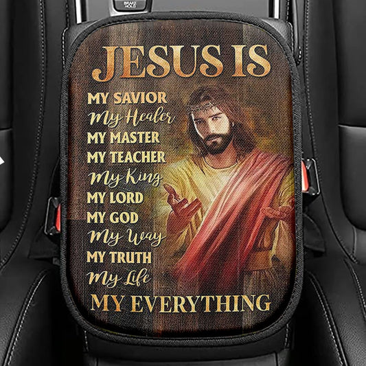 Jesus Is My Everything Seat Box Cover, Crown Of Thorn Jesus Is My Savior Car Center Console Cover, Bible Verse Car Interior Accessories