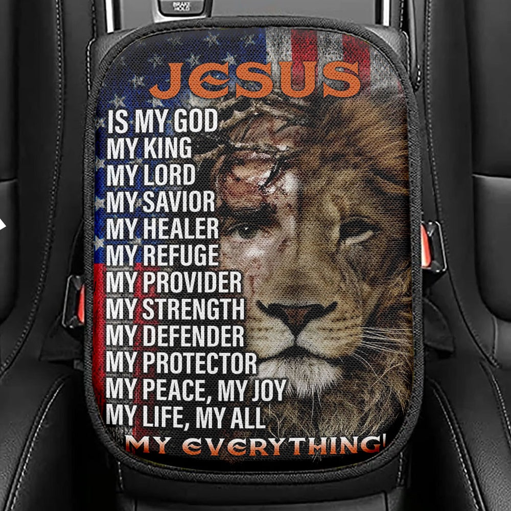 Jesus Is My God My King Half Christ Half Lion Seat Box Cover, Jesus Car Center Console Cover, Christian Car Interior Accessories