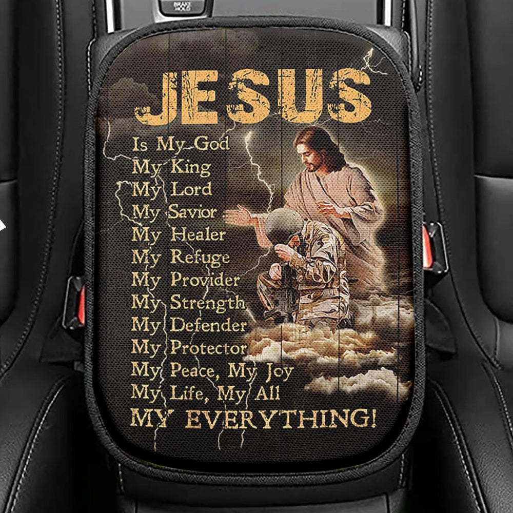 Jesus Is My God Soldier Thunder Seat Box Cover, Jesus Portrait Car Center Console Cover, Christian Car Interior Accessories