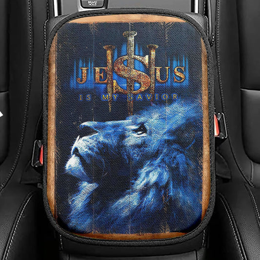 Jesus Is My Savior Blue Lion Seat Box Cover, Christian Car Center Console Cover, Bible Verse Car Interior Accessories