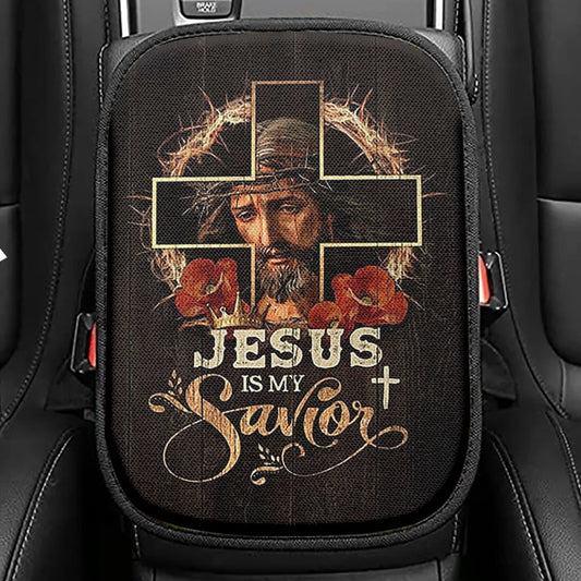 Jesus Is My Savior Crown Of Thorns Red Flowers Seat Box Cover, Christian Car Center Console Cover, Bible Verse Car Interior Accessories