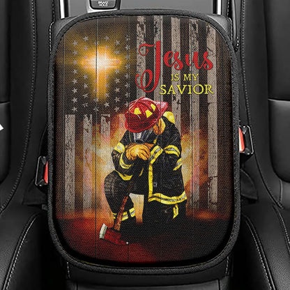 Jesus Is My Savior Firefighter Fireman Seat Box Cover, Jesus Portrait Car Center Console Cover, Christian Car Interior Accessories