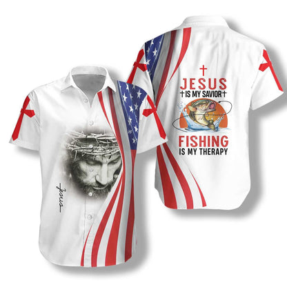 Jesus Is My Savior Fishing Is My Therapy Hawaiian Shirt - Christian Hawaiian Shirt for Men Women