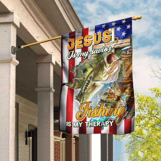 Jesus Is My Savior Fishing Is My Therapy House Flag - Christian Garden Flags - Christian Flag - Religious Flags