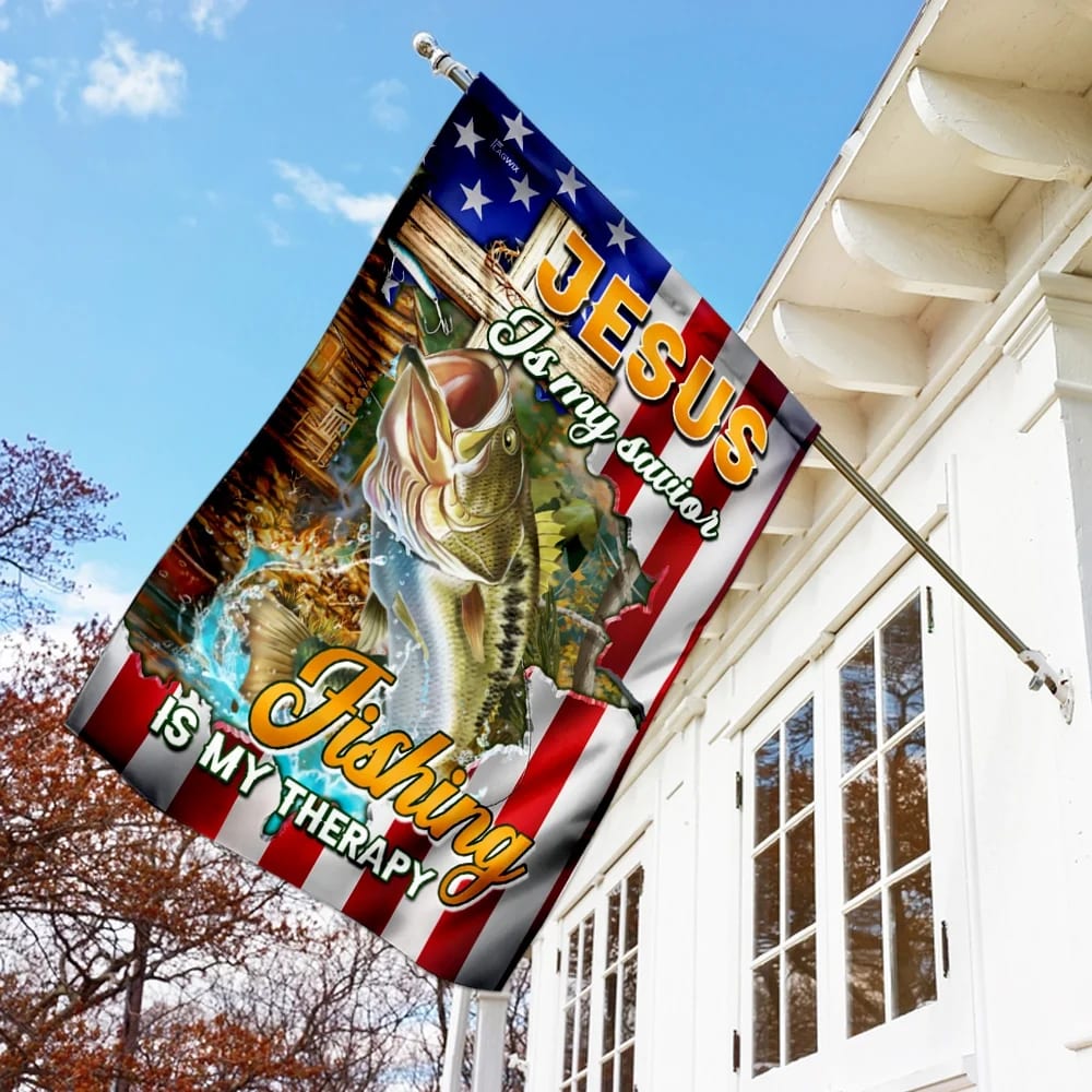 Jesus Is My Savior Fishing Is My Therapy House Flag - Christian Garden Flags - Christian Flag - Religious Flags