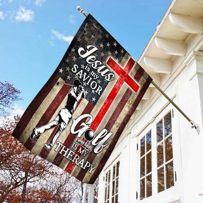 Jesus Is My Savior Golf Is My Therapy House Flag - Christian Garden Flags - Christian Flag - Religious Flags