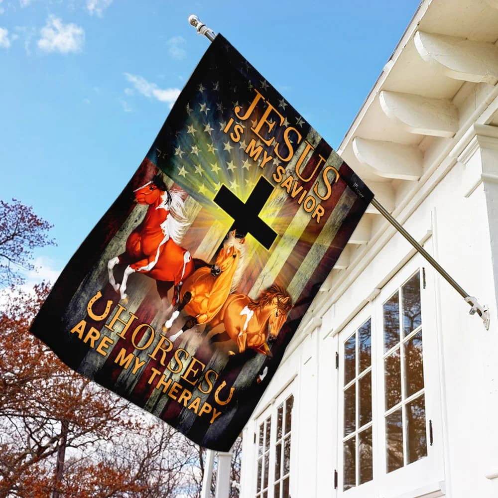 Jesus Is My Savior Horses Are My Therapy House Flags - Christian Garden Flags - Outdoor Christian Flag
