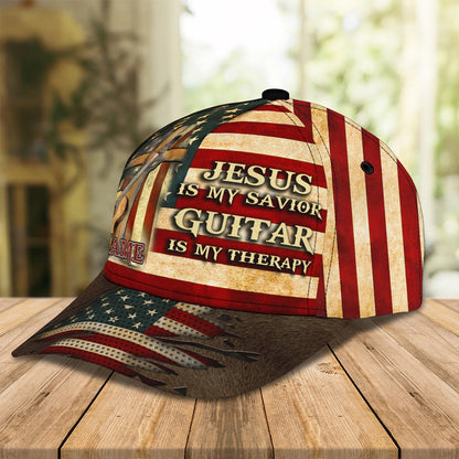Jesus Is My Savivor Guitar Is My Therapy Personalized Name Cap For Guitar Man - Jesus Guitar Cap Hat
