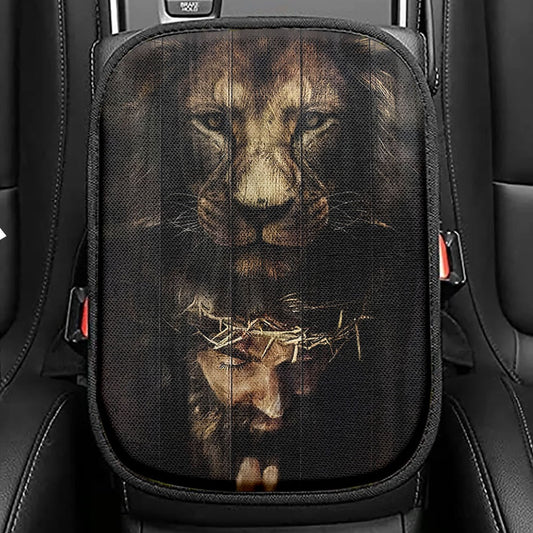 Jesus Is Praying Lion Seat Box Cover, Lion Car Center Console Cover, Christian Inspirational Car Interior Accessories