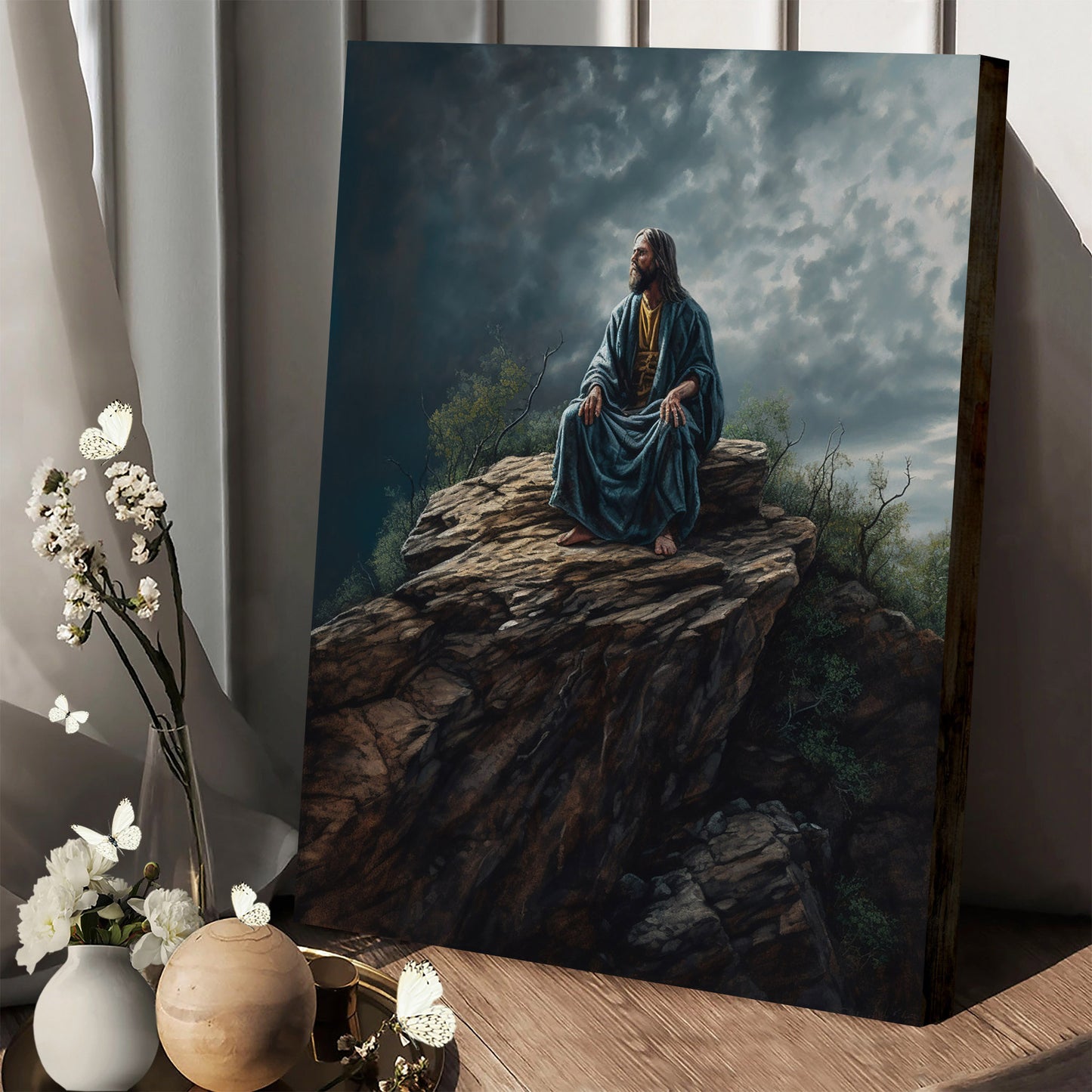 Jesus Is Sitting Astride A Cliff Outside - Canvas Picture - Jesus Christ Canvas - Christian Wall Art