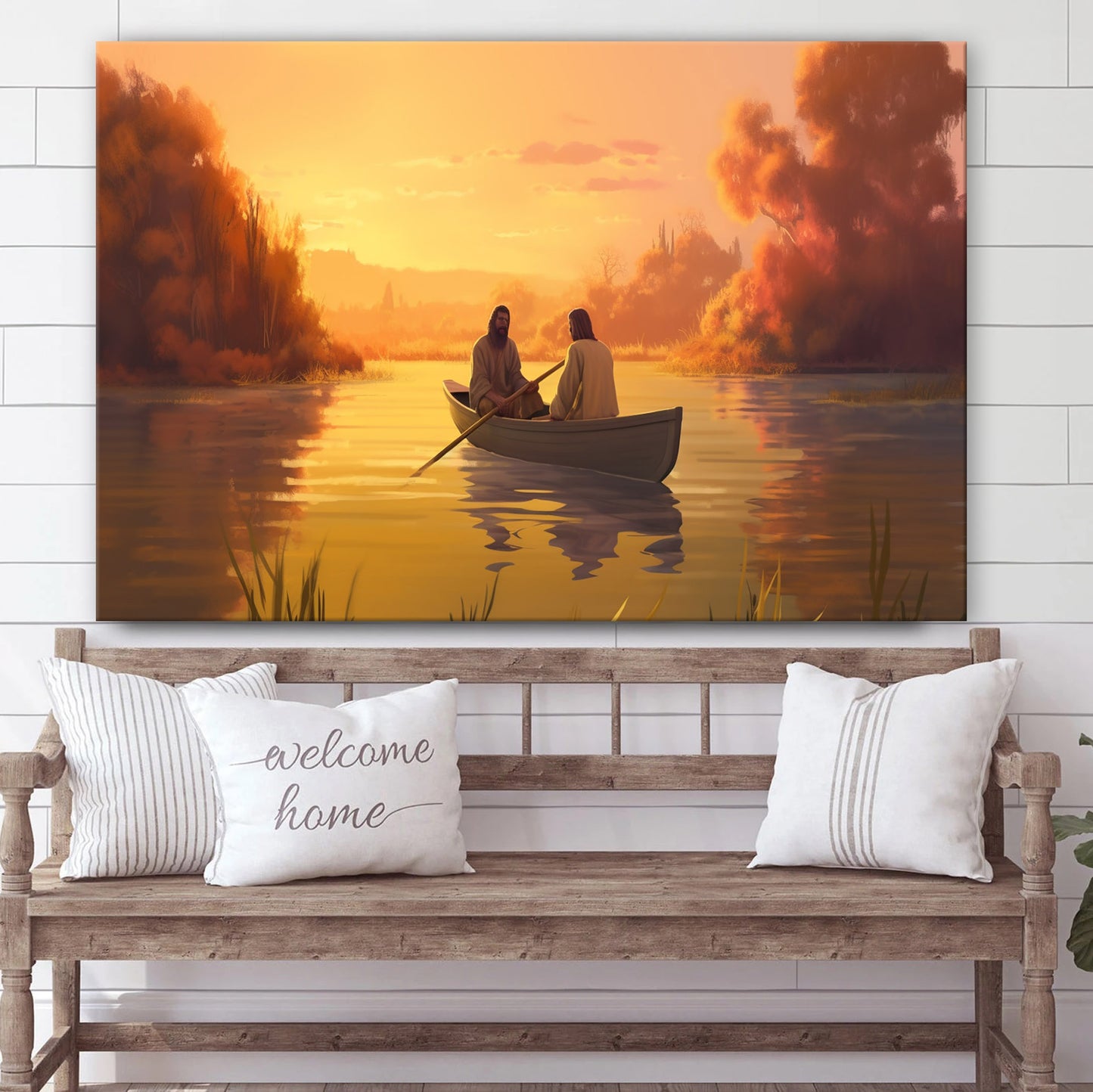 Jesus Is Sitting In A Rowboat On The Lake With His Brother Next To Him - Canvas Picture - Jesus Christ Canvas - Christian Wall Art