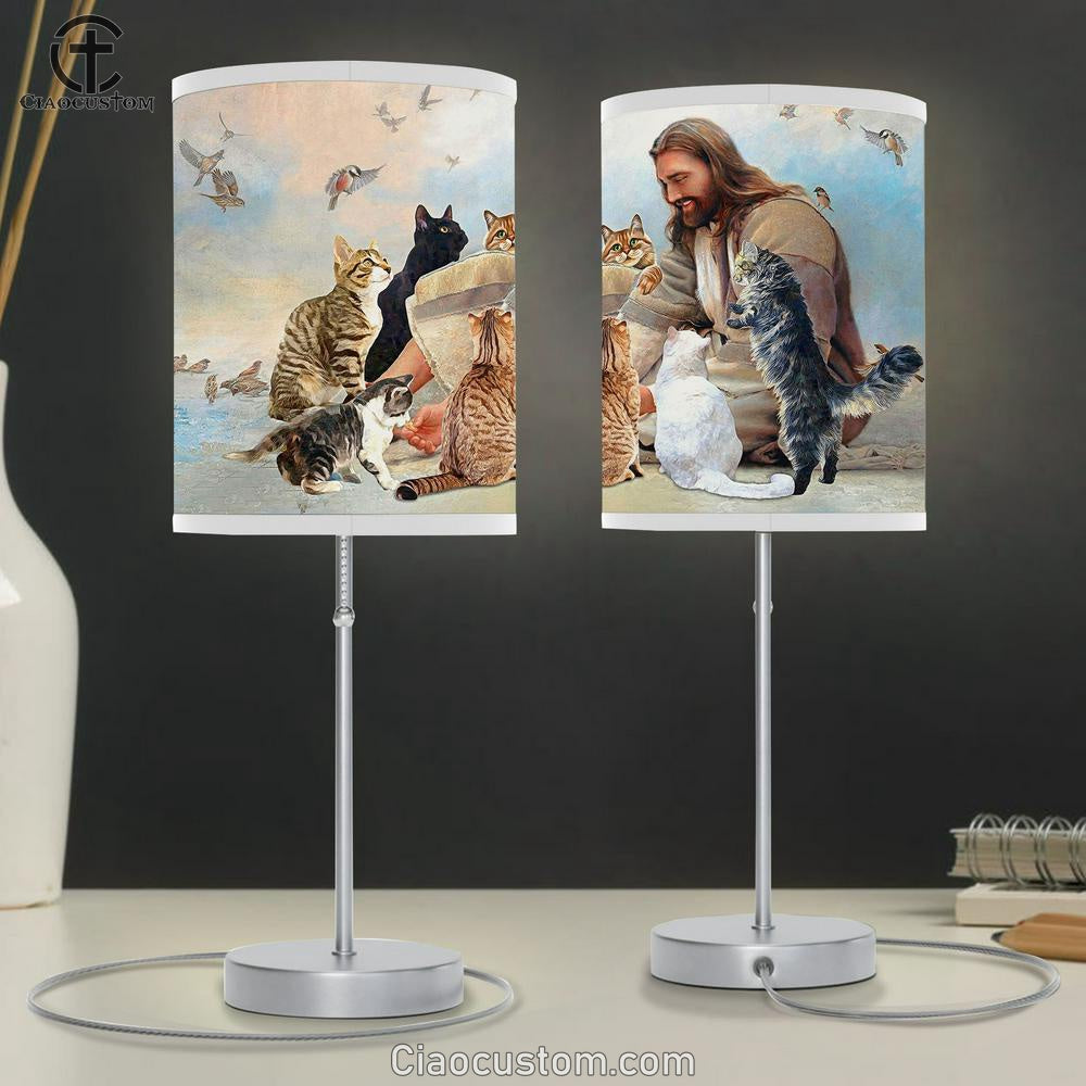 Jesus Is Surrounded By Cats Table Lamp For Bedroom - Jesus Christ Table Lamp - Christian Table Lamp Prints
