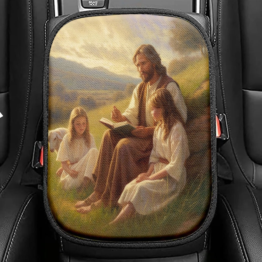 Jesus Is Teaching Children About Bible In The C1 Seat Box Cover, Jesus Car Center Console Cover, Christian Car Interior Accessories