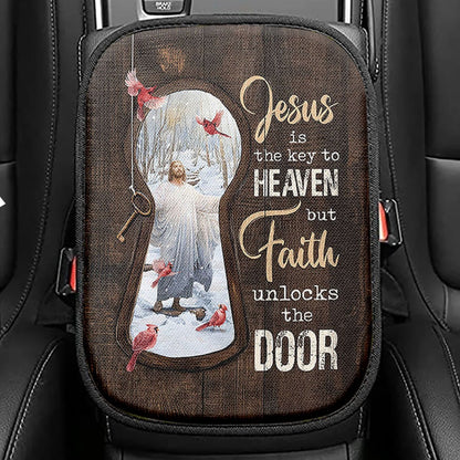Jesus Is The Key To Heaven Seat Box Cover, Jesus Christ Northern Cardinal Car Center Console Cover, Christian Car Interior Accessories