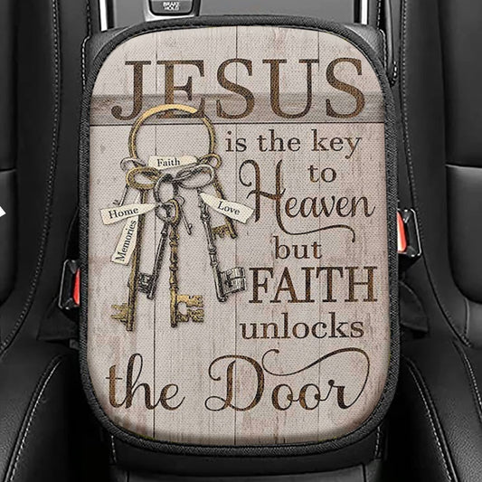 Jesus Is The Key To Heaven Seat Box Cover, Jesus Portrait Car Center Console Cover, Christian Car Interior Accessories