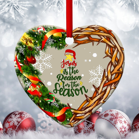 Jesus Is The Reason For The Season - Christmas Ceramic Heart Ornament - Christian Gift For Friends