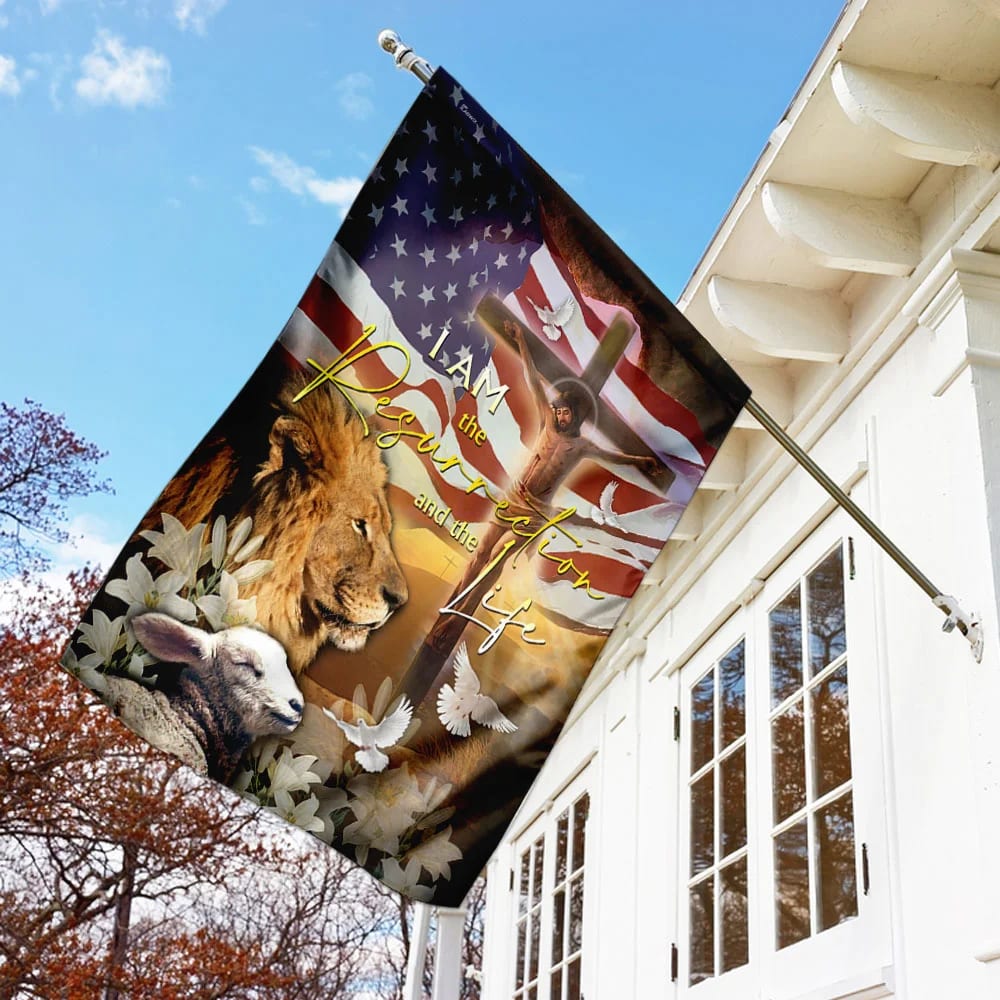 Jesus Is The Resurrection And The Life Lion And Lamb House Flag - Christian Garden Flags - Christian Flag - Religious Flags