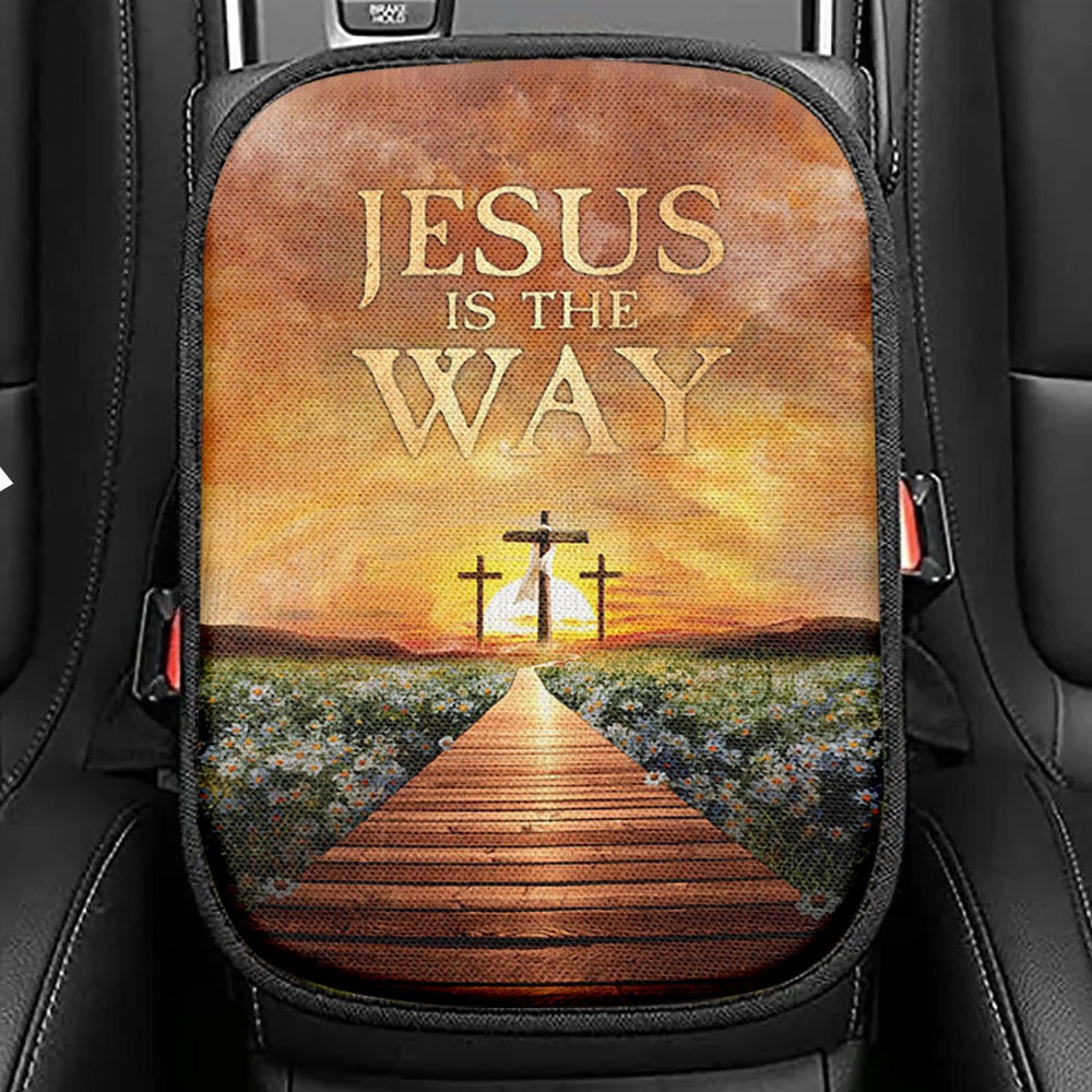 Jesus Is The Way Bridge Beautiful Sunset Cross Seat Box Cover, Bible Verse Car Center Console Cover, Inspirational Car Interior Accessories
