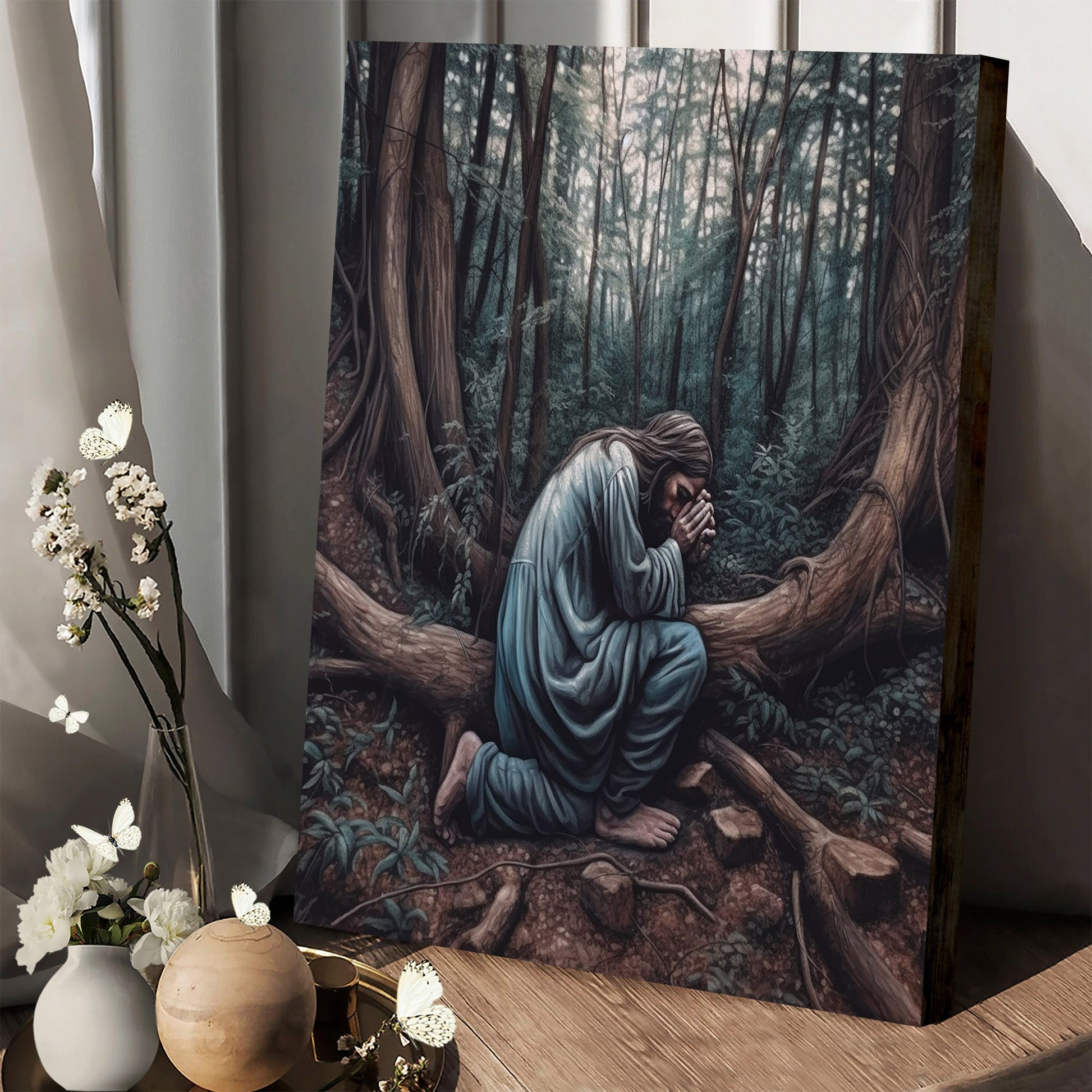 Jesus Kneeling Down To Pray In A Forest - Canvas Pictures - Jesus Christ Canvas - Christian Wall Art