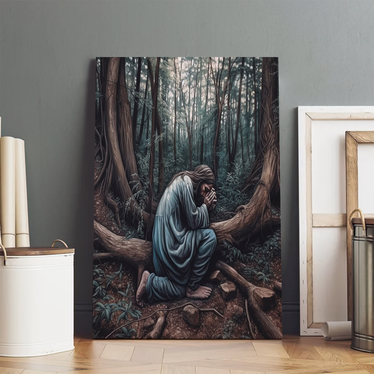 Jesus Kneeling Down To Pray In A Forest - Canvas Pictures - Jesus Christ Canvas - Christian Wall Art